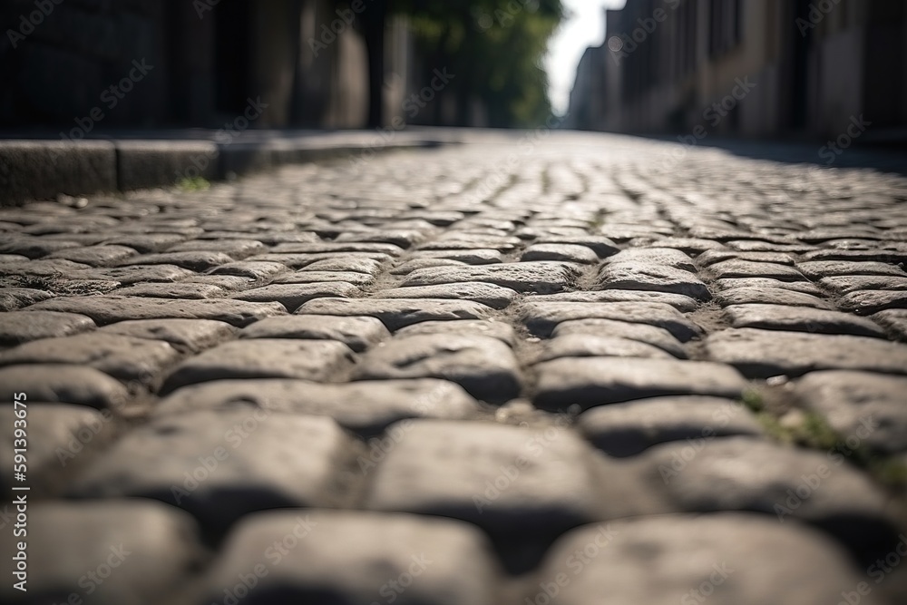  a cobblestone street with a tree in the distance and a building in the distance with a green leafy 