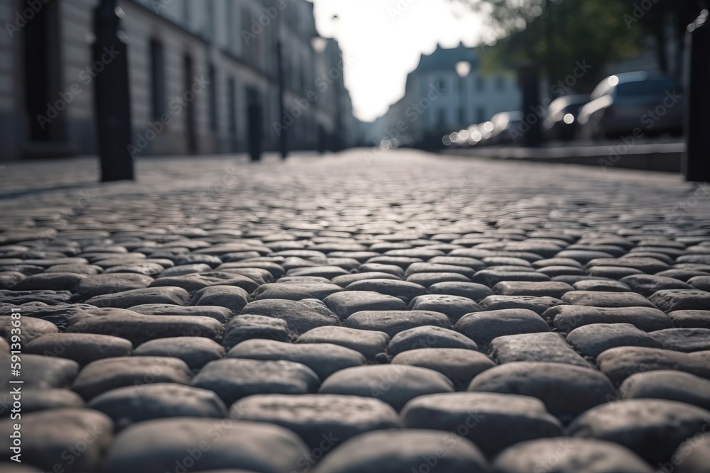  a cobblestone street with a car parked on the side of the road in the distance and a building in th