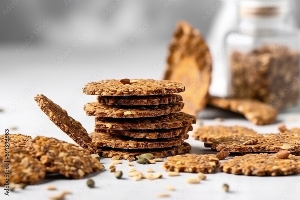  a stack of cookies next to a glass of milk and a jar of seeds on a white tablecloth with scattered 