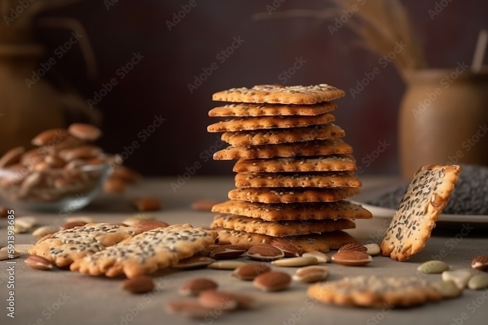  a stack of crackers sitting on top of a table next to a bowl of nuts and a plate of cookies on a ta