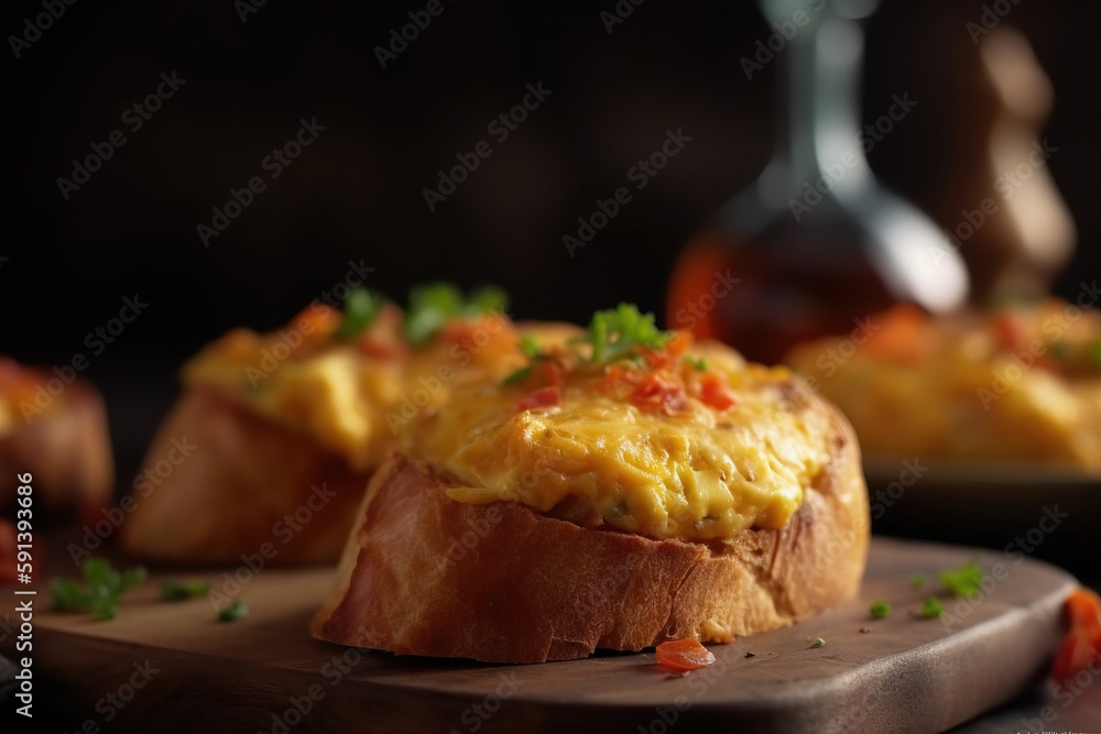  a close up of a plate of food on a wooden table with a bottle of wine in the background and a plate