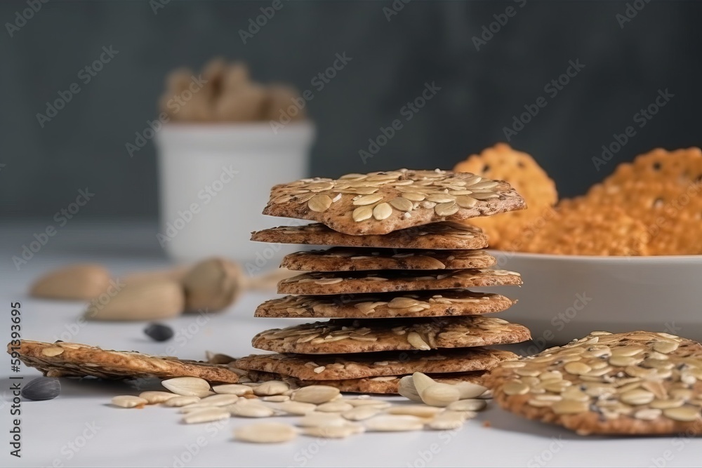  a stack of oatmeal cookies next to a bowl of oatmeal cookies and a bowl of oatmeal.  generative ai