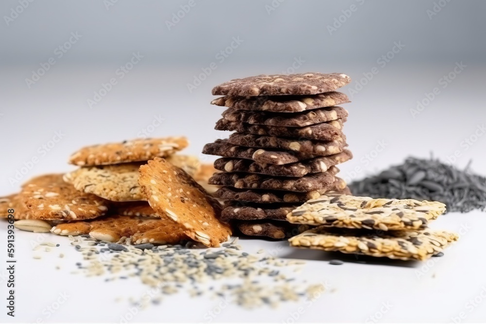  a stack of cookies and other cookies on a white surface with sprinkles and seeds around it and a pi