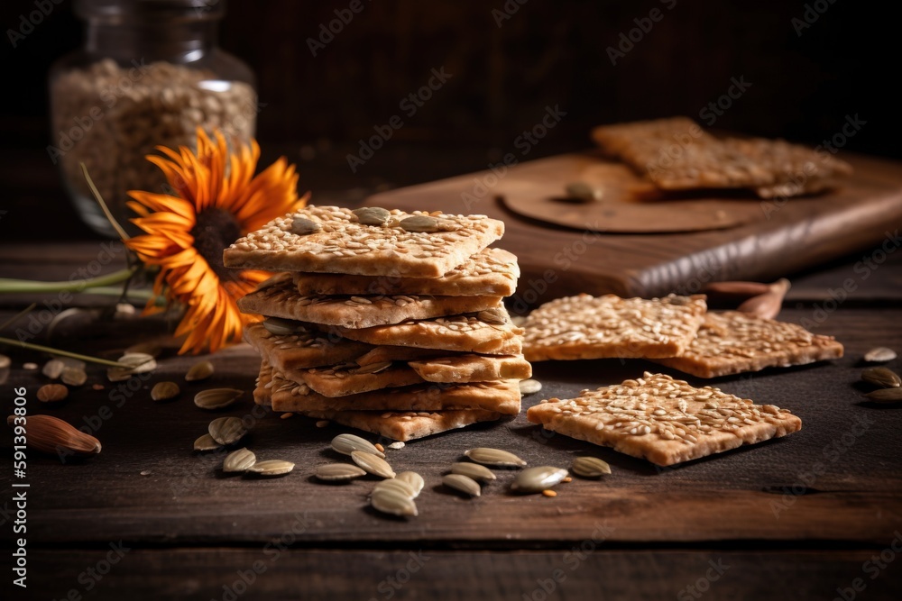  a stack of crackers sitting on top of a wooden table next to a vase of sunflowers and a cutting boa