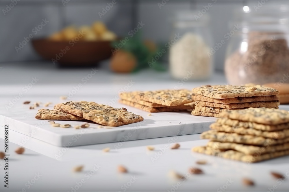  a stack of cookies sitting on top of a white cutting board next to a bowl of nuts and a bowl of oat