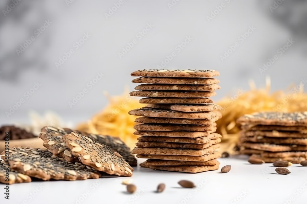  a stack of cookies sitting on top of a table next to a pile of nuts and a pile of dried straw on th