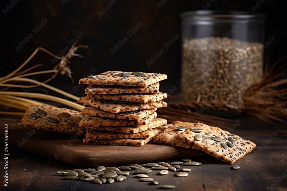  a stack of cookies sitting on top of a wooden cutting board next to a jar of oats and pumpkins on a