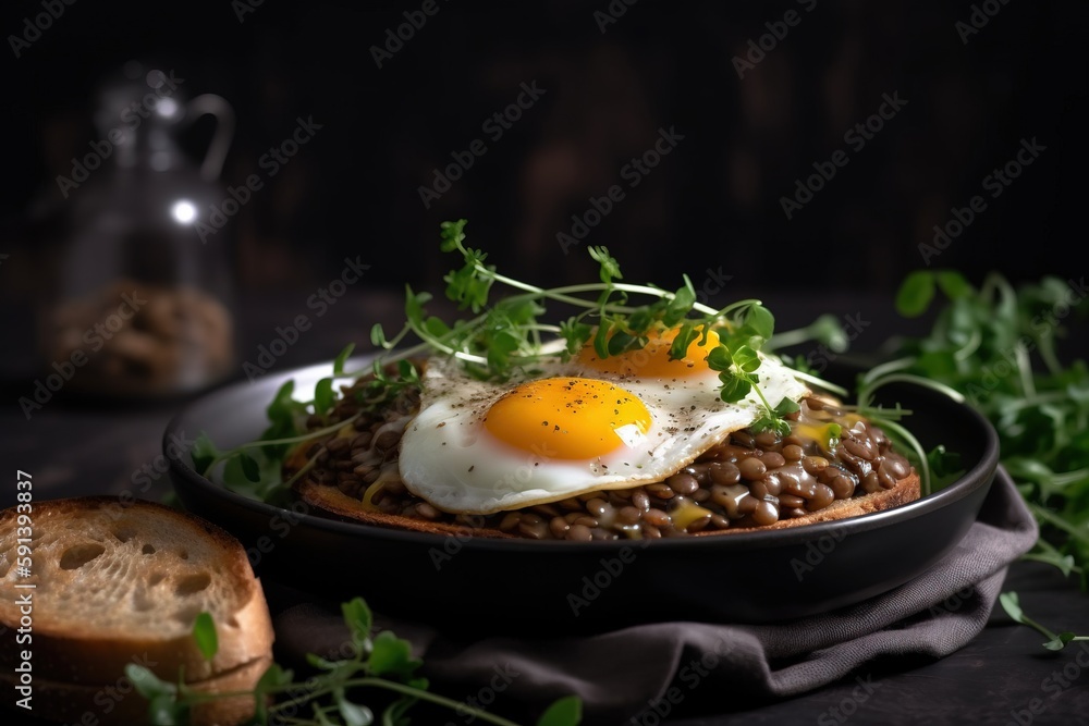  a plate of beans and eggs on a black table cloth with bread and a glass of water in the background 