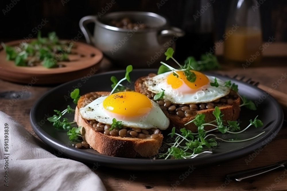  a plate of food with eggs on top of it on a table next to a bowl of beans and a cup of coffee on th