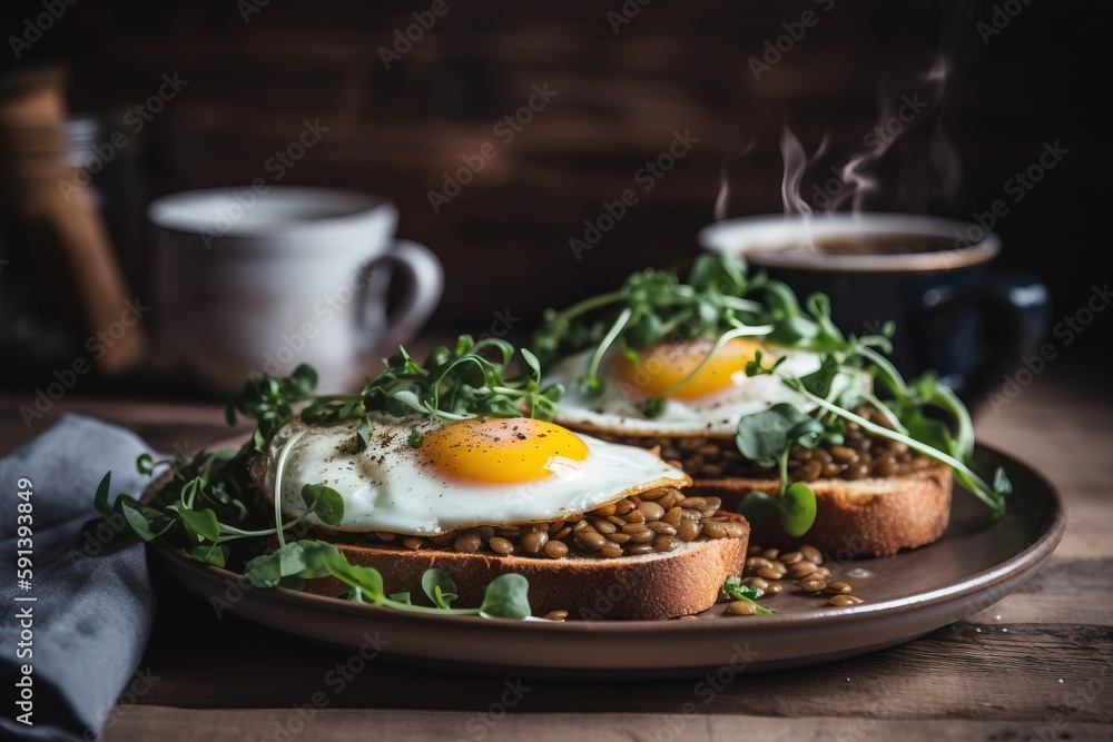  a plate of food with eggs and greens on it next to a cup of coffee and a mug of coffee on a table w