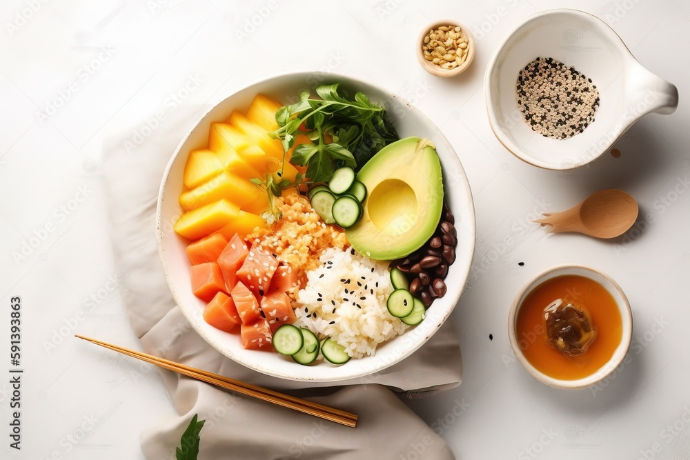  a bowl of rice, vegetables, and fruit with chopsticks on a white surface with a cup of tea and spoo