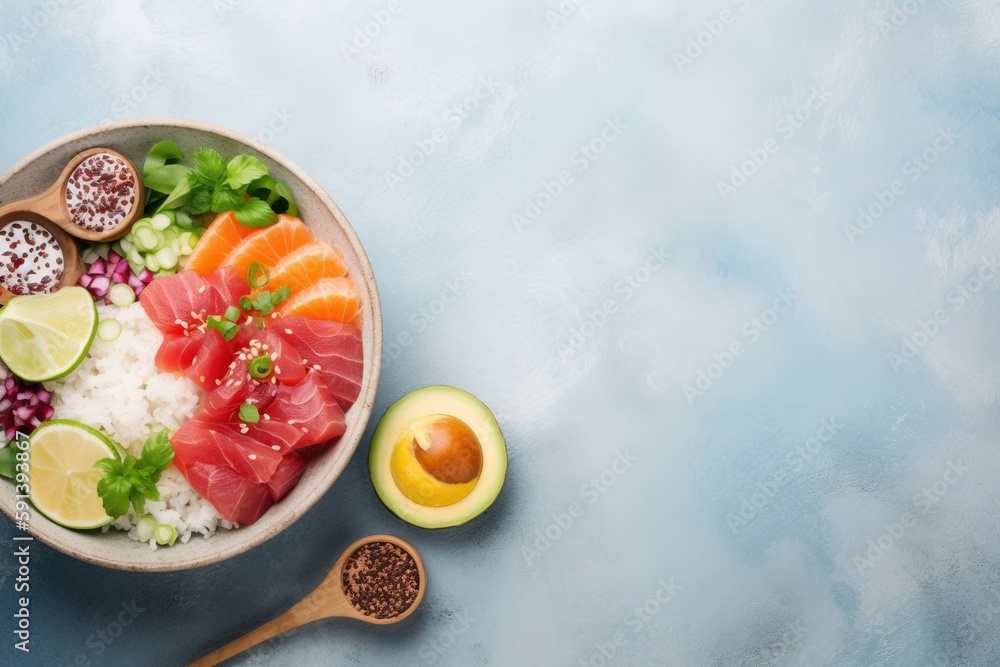  a bowl of sushi with rice, avocado, grapefruit, and other ingredients on a blue background with a s