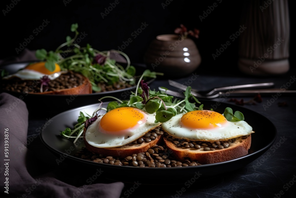  two eggs are on top of a toasted sandwich on a bed of lentils and sprouts on a black plate with a f