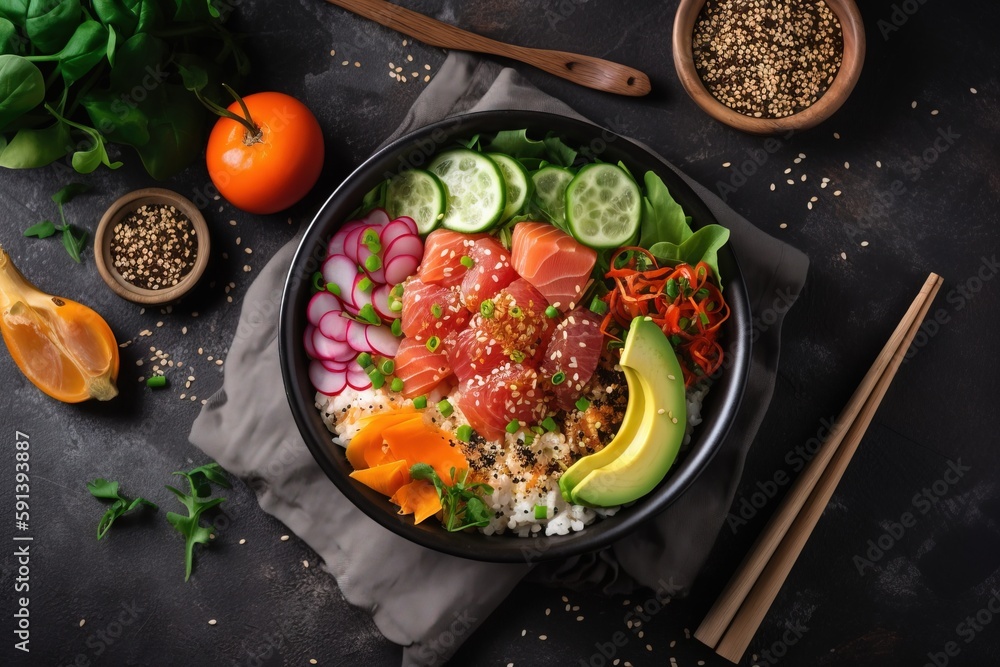  a bowl filled with lots of different types of food next to chopsticks and a fork on a table next to