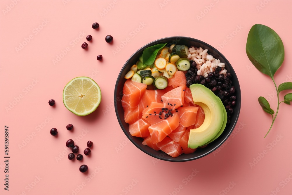  a bowl of food that includes salmon, avocado, black beans, rice and a lime slice on a pink backgrou