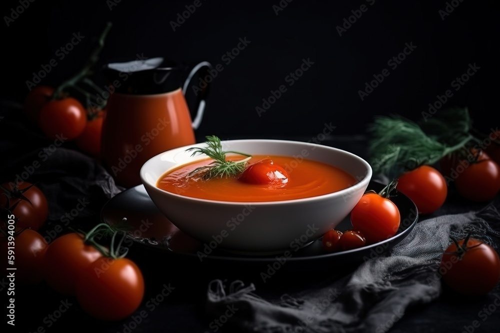  a bowl of tomato soup on a plate with some tomatoes around it and a pitcher of tomato juice in the 