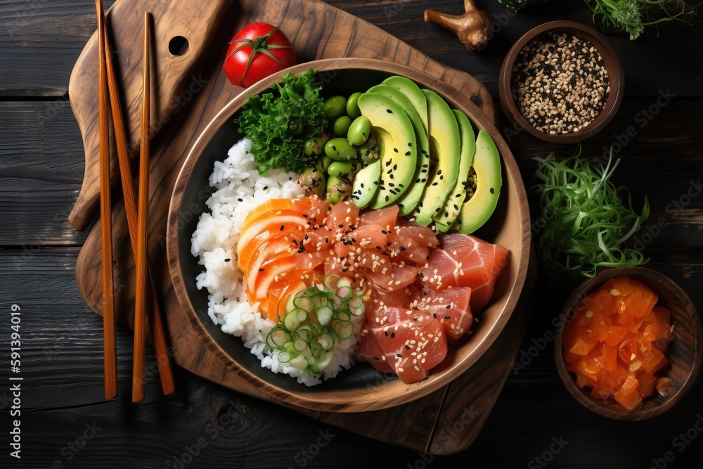  a bowl of sushi with chopsticks on a wooden table next to a bowl of vegetables and rice with chopst