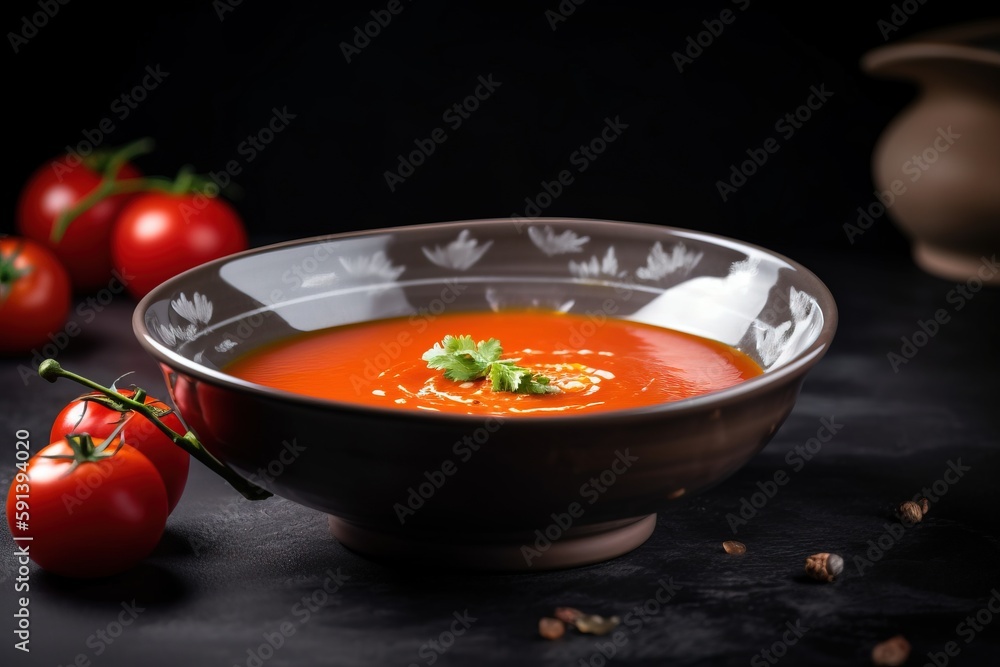  a bowl of tomato soup with a spoon and tomatoes in front of it on a black background with a spoon a