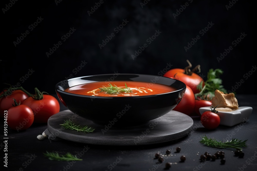  a bowl of tomato soup on a plate with tomatoes and herbs around it on a black background with a few