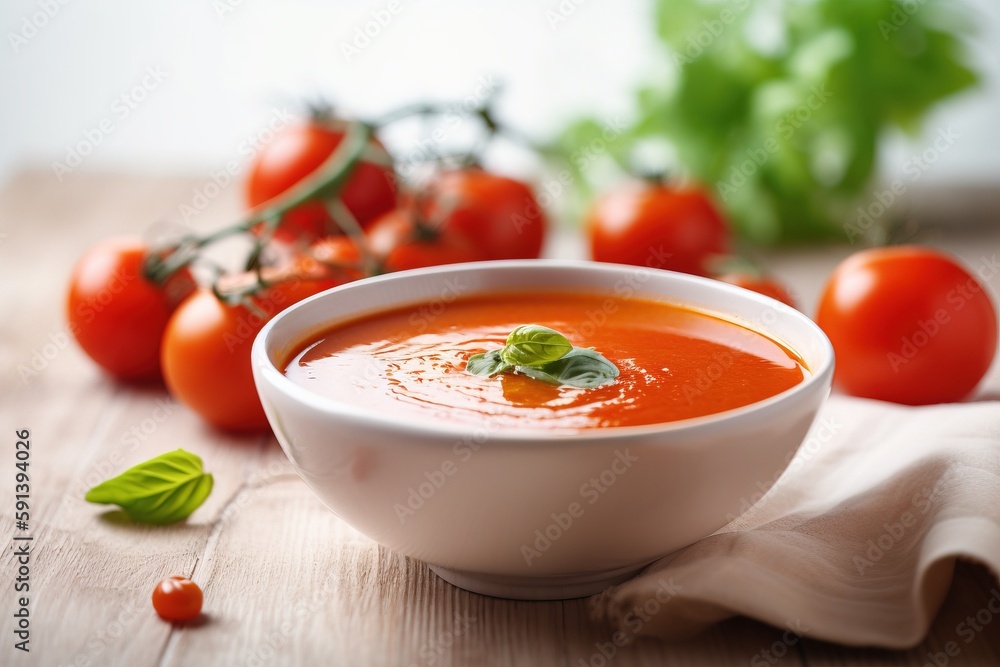  a bowl of tomato soup with tomatoes and basil in the background on a wooden table with a cloth and 