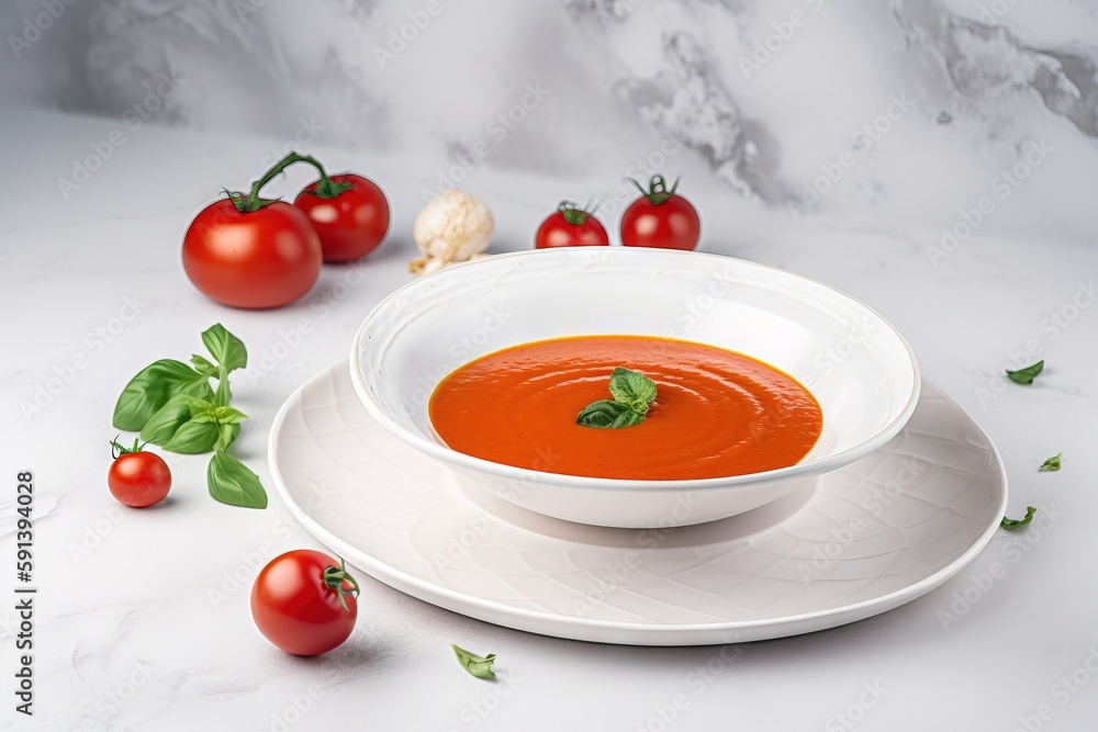  a bowl of tomato soup on a plate with tomatoes and basil on the side of the bowl and a plate with t