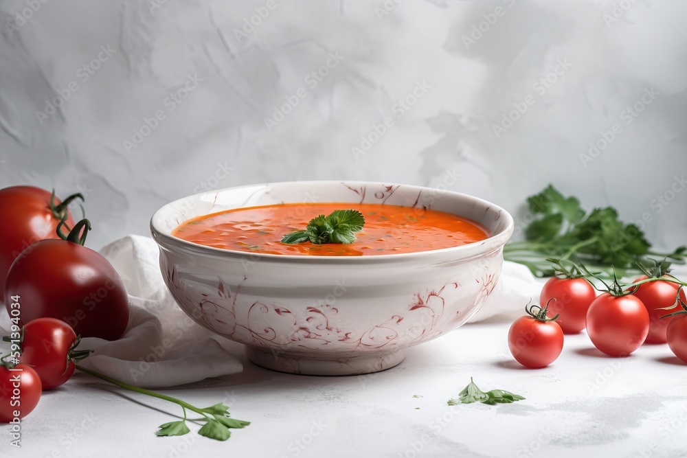  a bowl of tomato soup surrounded by tomatoes and parsley on a white tablecloth with a white cloth o