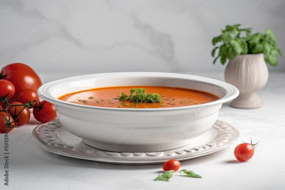  a bowl of tomato soup on a white plate with tomatoes and basil in the bowl next to it on a marble t