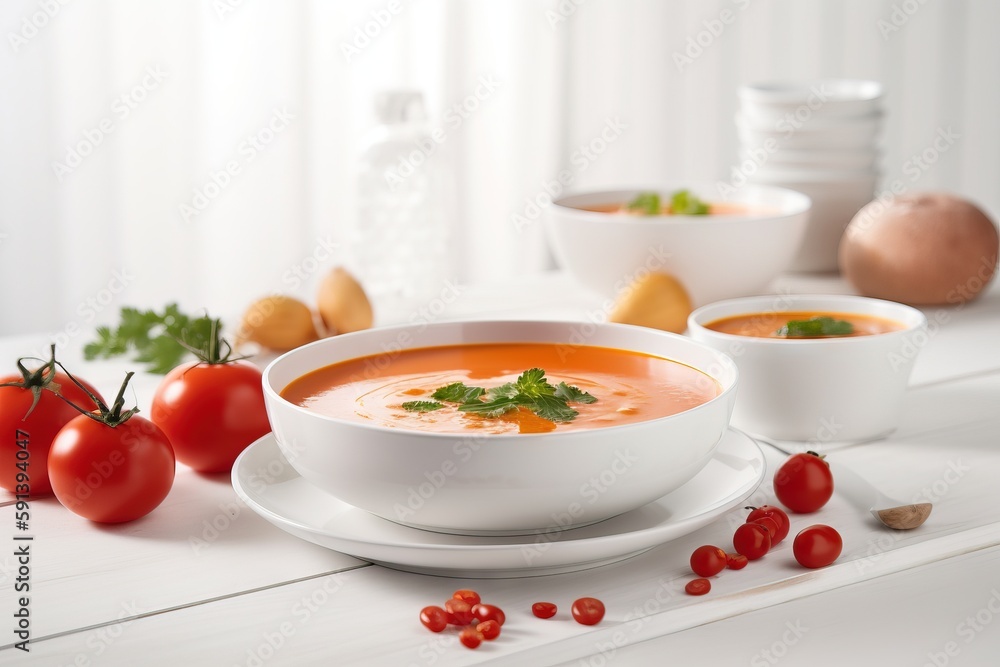  a bowl of tomato soup on a white table with tomatoes and other food items around it, including eggs