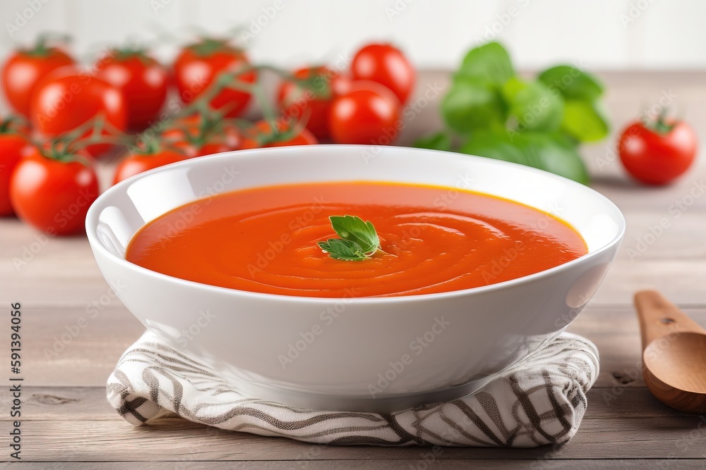  a bowl of tomato soup with a spoon on a table next to tomatoes and a cloth on a wooden tablecloth w