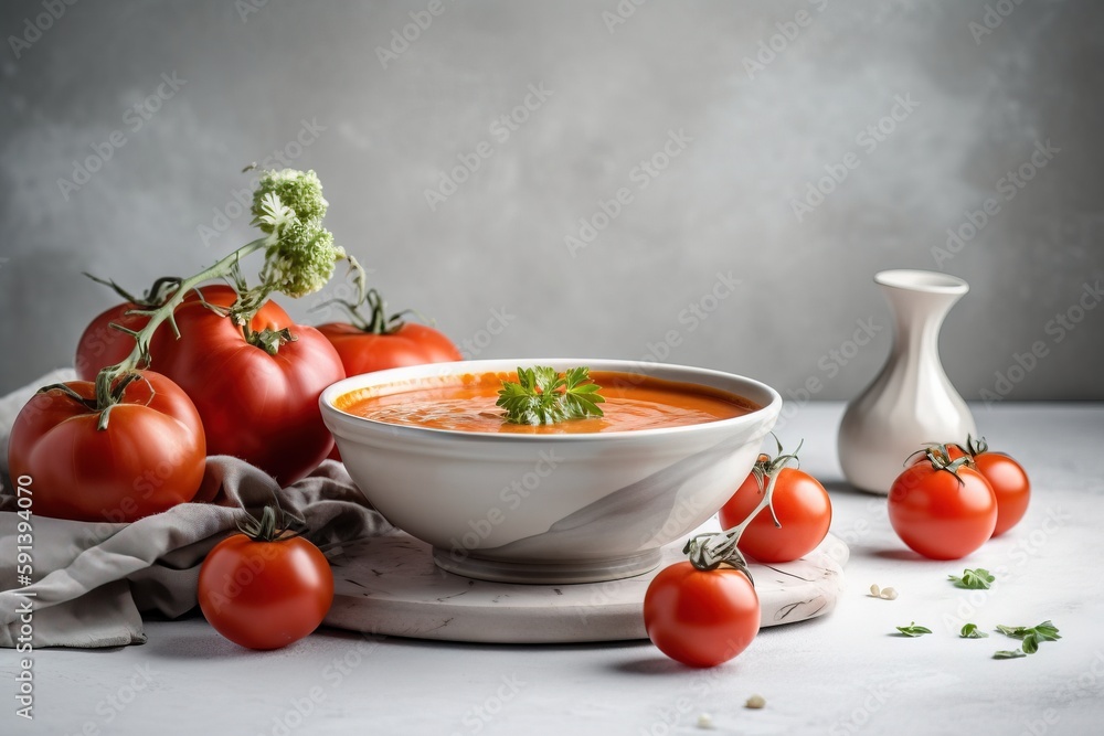  a bowl of tomato soup surrounded by tomatoes and a small vase of basil on a marble table top with a