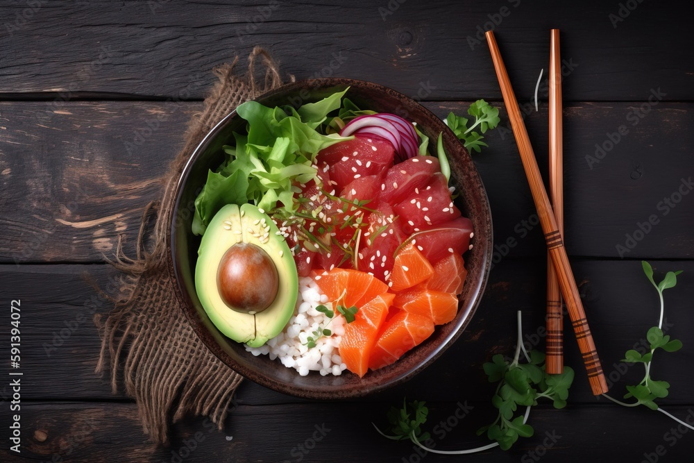  a bowl of sushi with avocado, carrots, onions, and lettuce on a wooden table with chopsticks.  gene