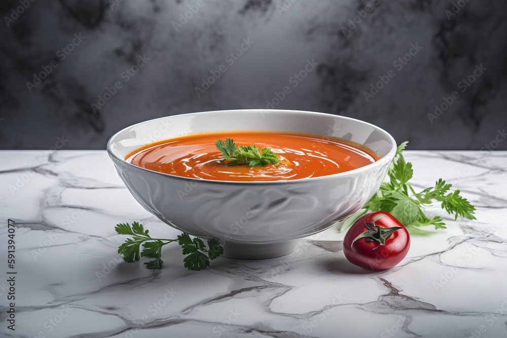  a bowl of tomato soup and a tomato on a marble countertop with parsley on the edge of the bowl and 