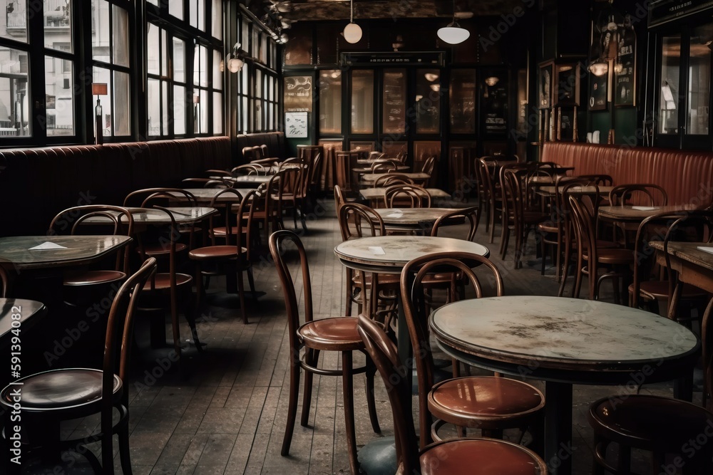  a restaurant filled with lots of wooden tables and chairs and a large window with lots of windows o