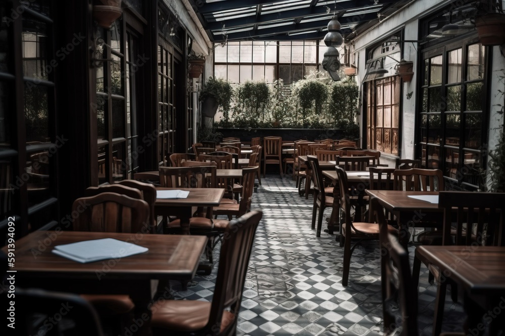  a restaurant with a checkered floor and tables and chairs and a large glass ceiling with a potted p