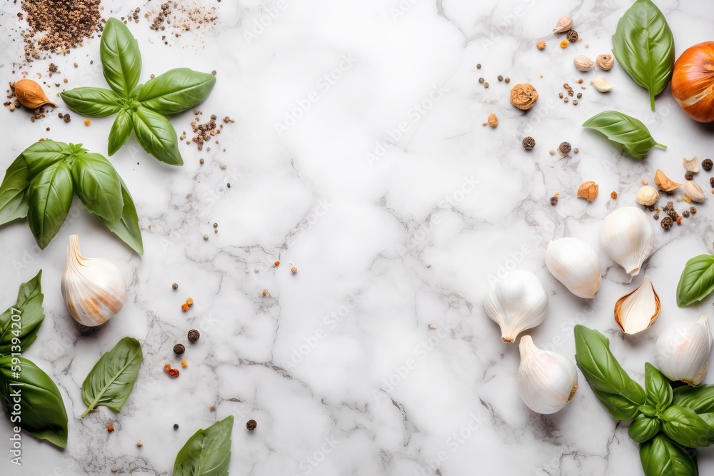  garlic, basil, and garlicnuts on a marble countertop with spices and seasonings on it, with basil l