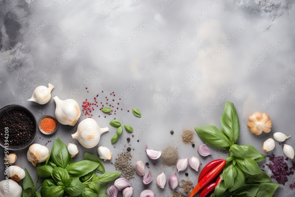  a table topped with lots of different types of vegetables and spices on top of a gray table top wit