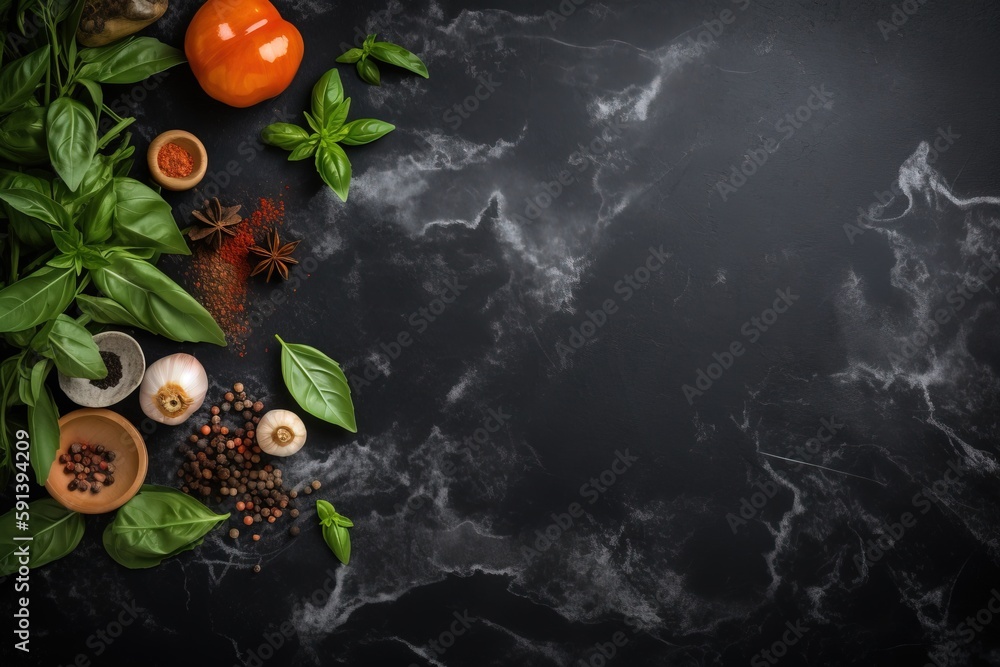  spices and herbs on a black background with a place for a text or a picture or a picture or a logo 