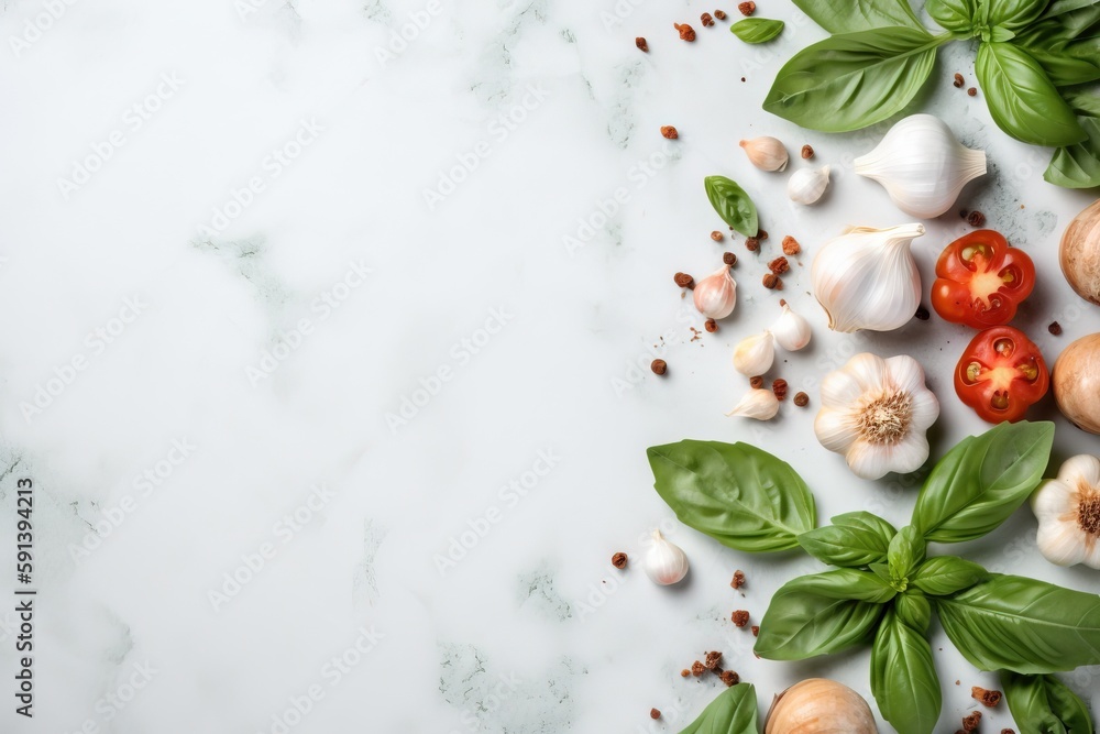  garlic, basil, tomatoes, and garlic on a white marble surface with basil leaves and garlic cloves o