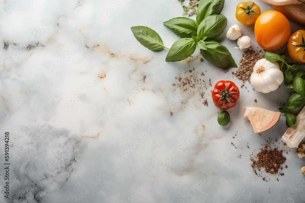  a marble counter top with various vegetables and spices on it, including tomatoes, basil, garlic, g