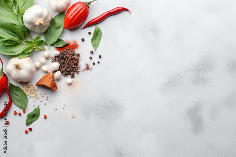  a table topped with lots of different types of vegetables and spices on top of a white table top ne