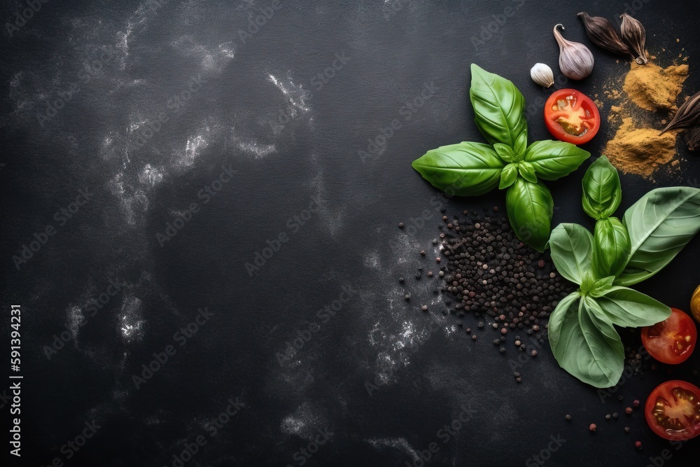  basil, tomatoes, garlic, garlic, pepper, and garlic oil on a black background with copy space for w