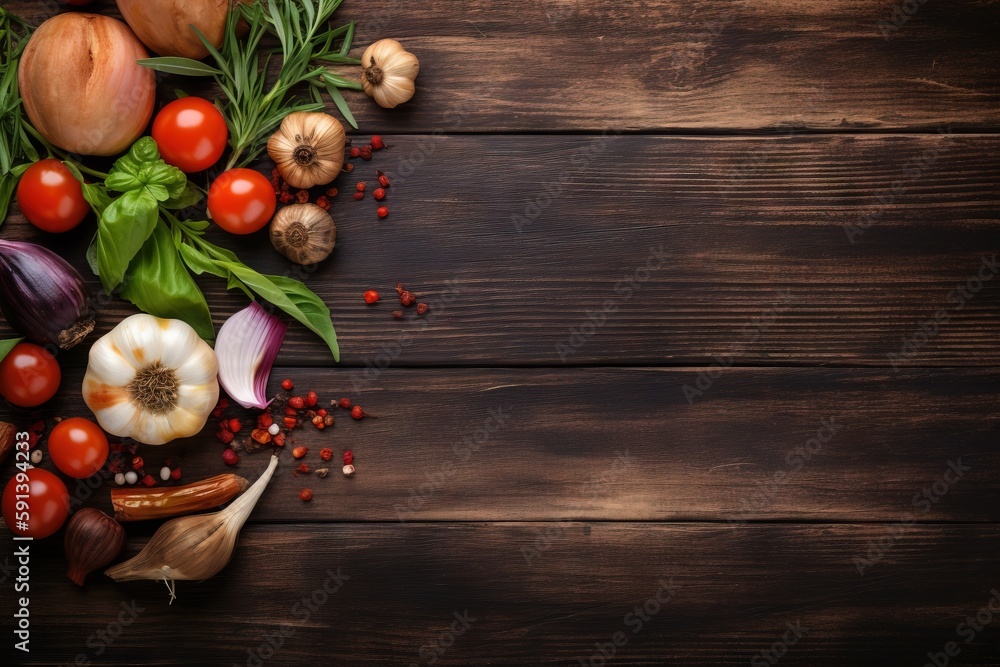  a bunch of different types of vegetables on a wooden table with a place for a text or image on the 