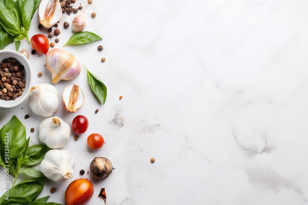  a table topped with lots of different types of vegetables and spices on top of a white counter top 