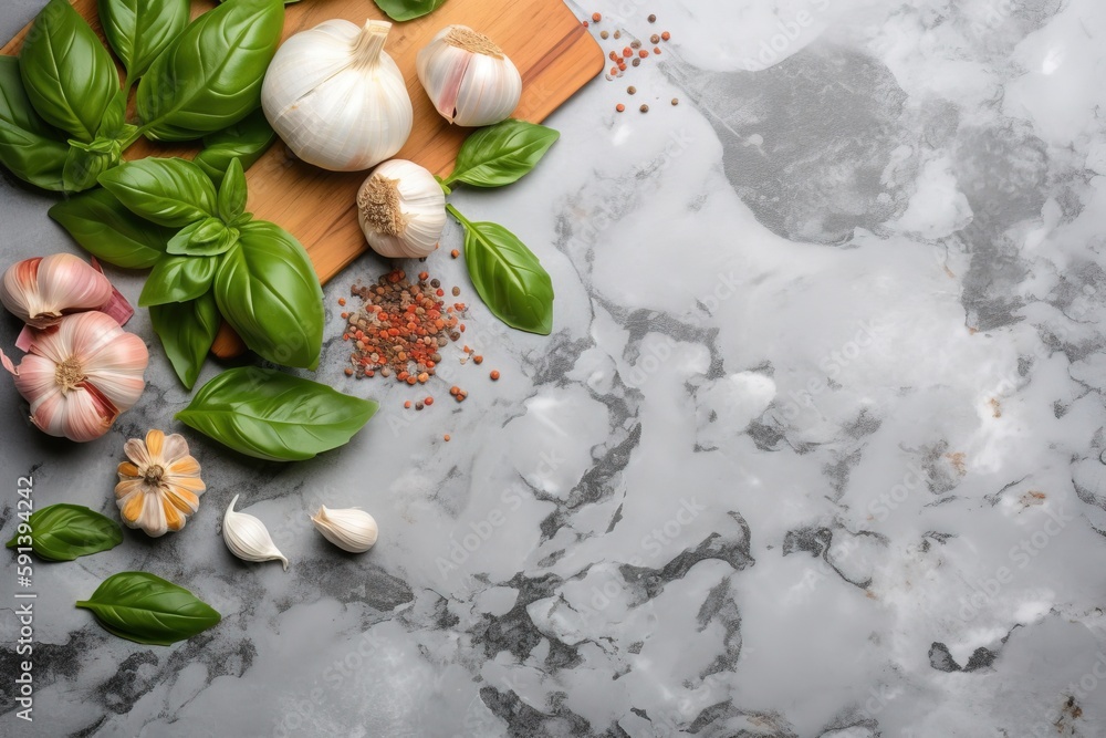  garlic, basil, and pepper on a cutting board on a marble counter top with a cutting board with spic