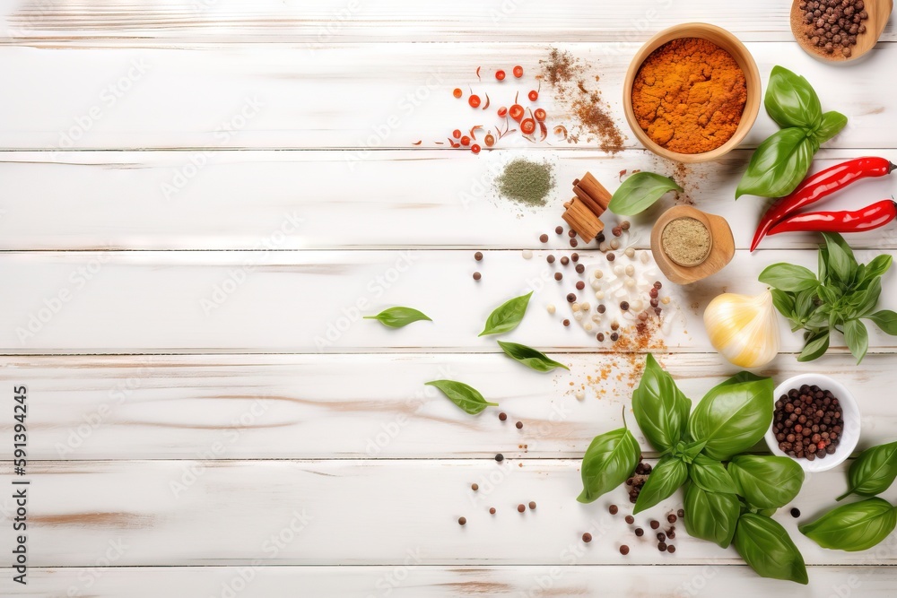  spices and herbs on a white wooden table top view with copy space in the middle of the image with c