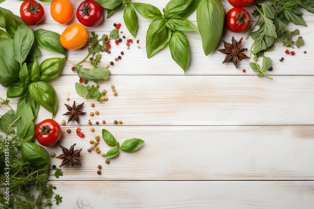  a variety of vegetables and spices on a white wooden table top view with copy space for text or ima