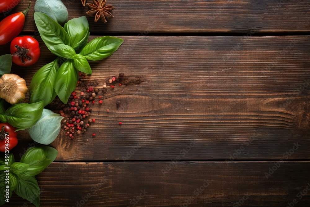  a bunch of fresh herbs and spices on a wooden table top view with copy space for text or image with