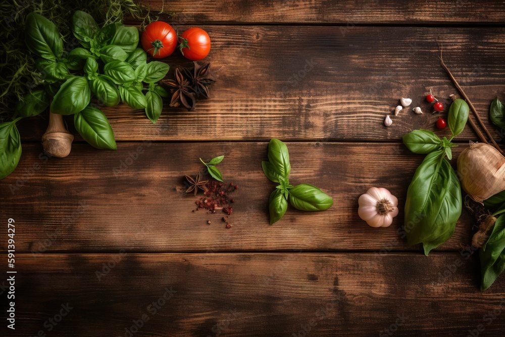  a wooden table topped with lots of green vegetables and herbs on top of it, next to garlic, tomatoe