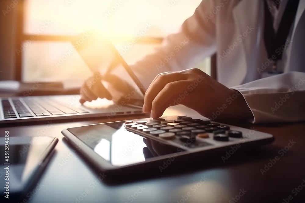  a person using a calculator and a laptop on a desk with a calculator and a calculator in front of t