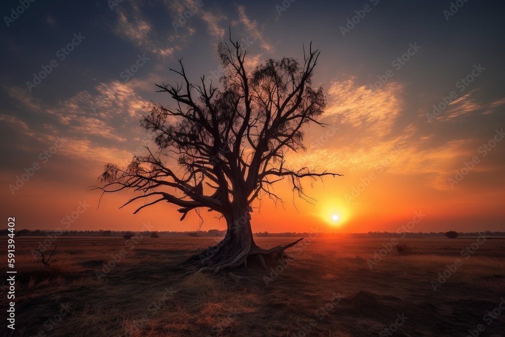  a tree in a field with the sun setting in the background and clouds in the sky above it and the sun